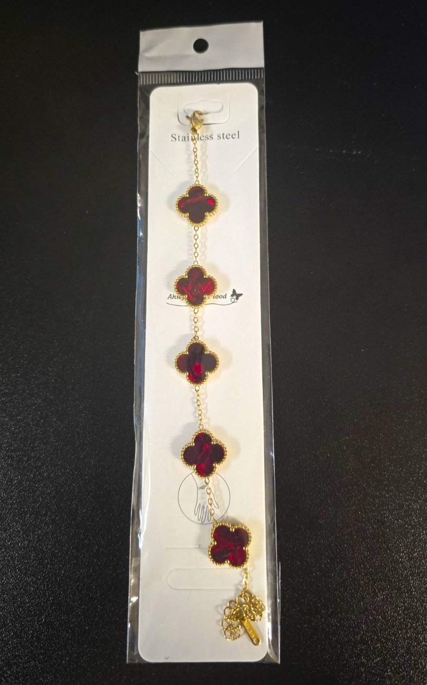 Stainless Steel Gold Tone Adjustable Cable Chain Bracelet Red Clover Charms